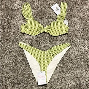 NWT DIPPIN DAISYS Green and White Checkered Bikini Set